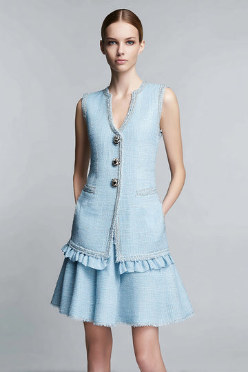 Tweed 2-Piece A-Line Sky Blue Sleeveless Work Dress With Ruffles